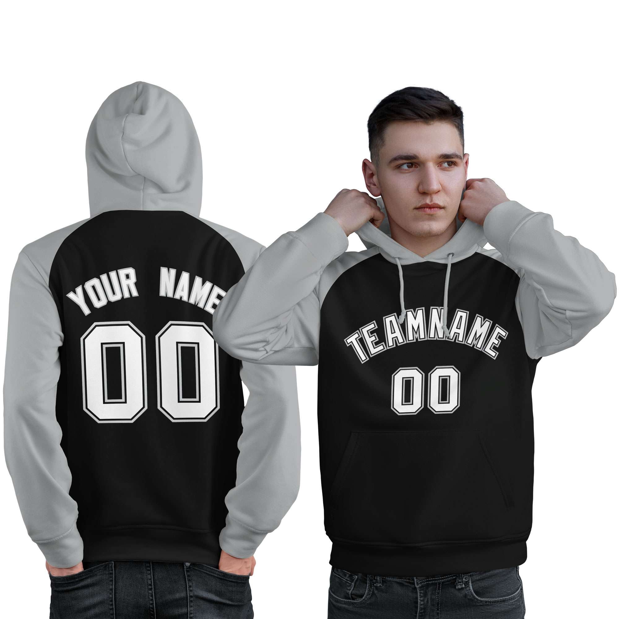 Custom Stitched Black Gray-White Raglan Sleeves Sports Pullover Sweatshirt Hoodie For Men