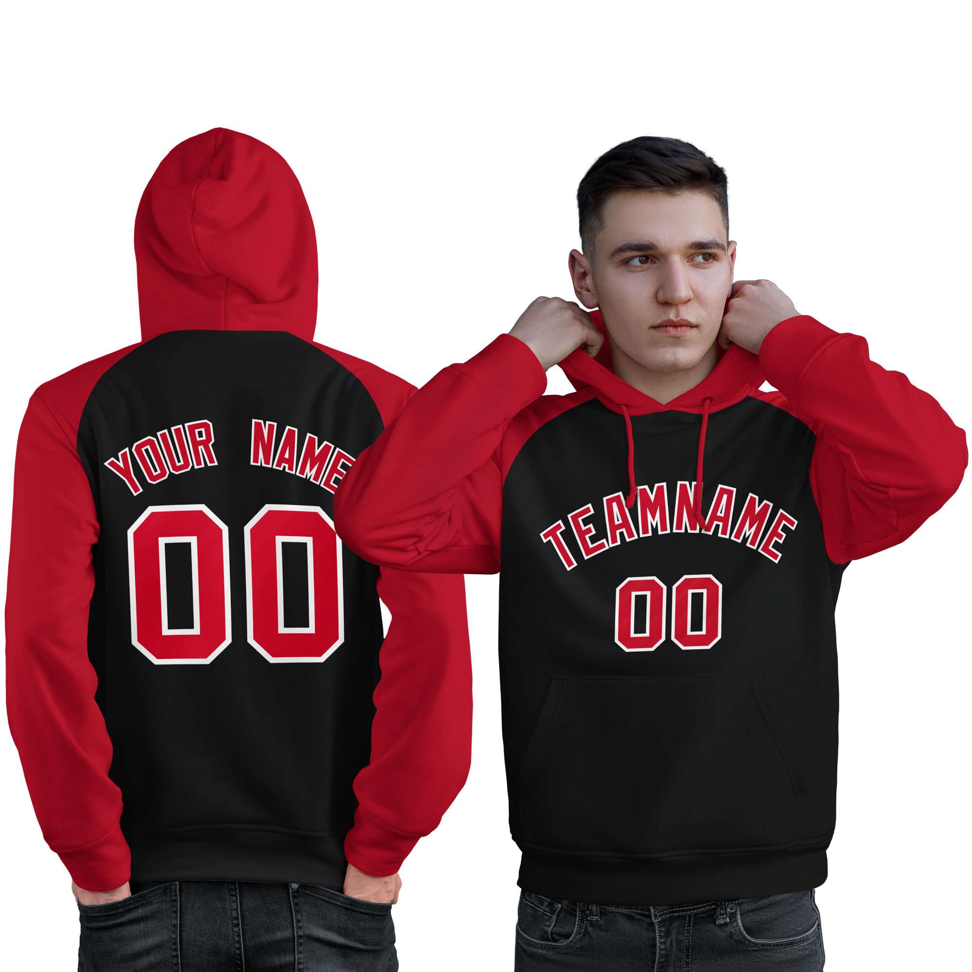 Custom Stitched Black Red Raglan Sleeves Sports Pullover Sweatshirt Hoodie For Men