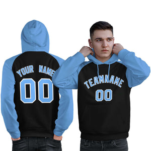 Custom Stitched Black Powder Blue Raglan Sleeves Sports Pullover Sweatshirt Hoodie For Men