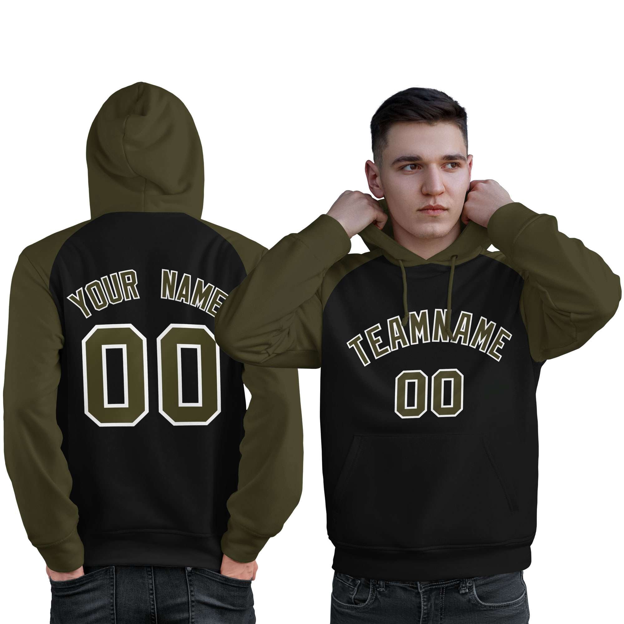 Custom Stitched Black Olive Raglan Sleeves Sports Pullover Sweatshirt Hoodie For Men