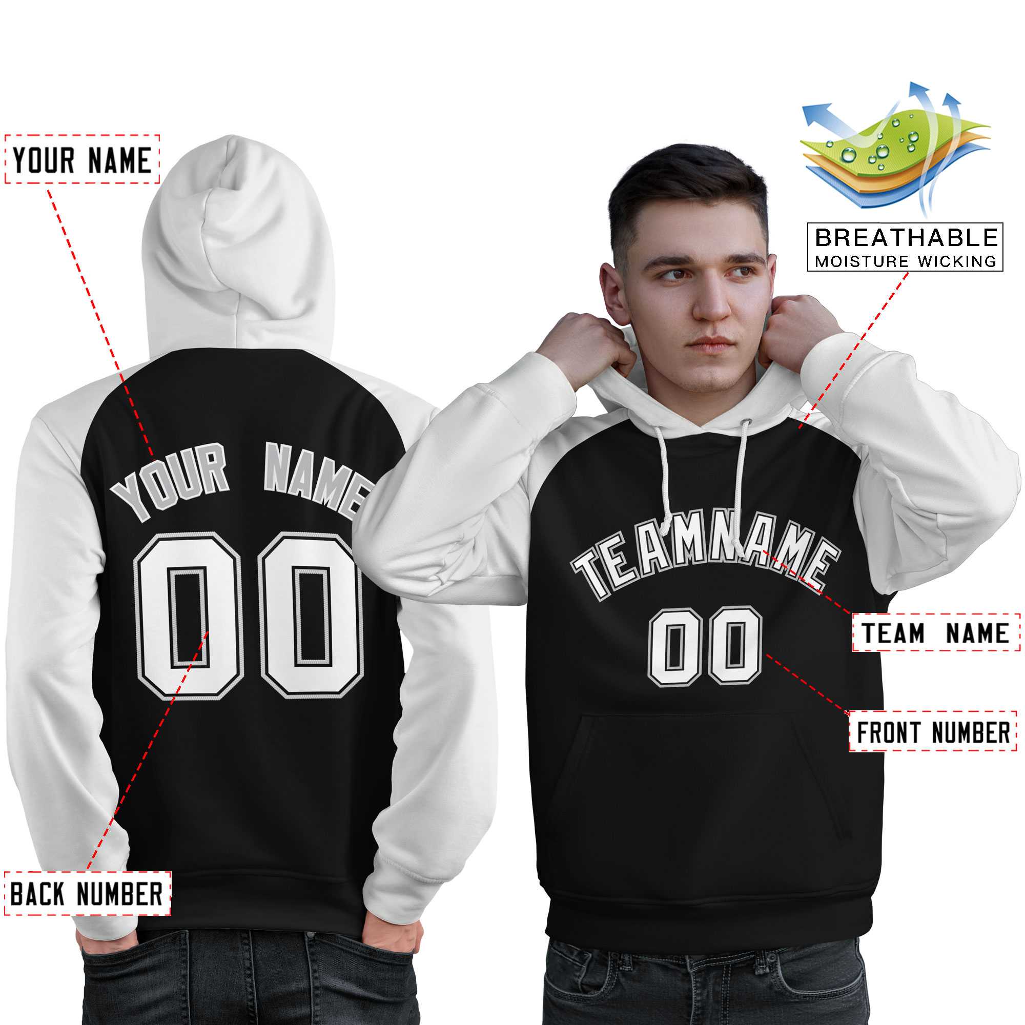 Custom Stitched Black White Raglan Sleeves Sports Pullover Sweatshirt Hoodie For Men