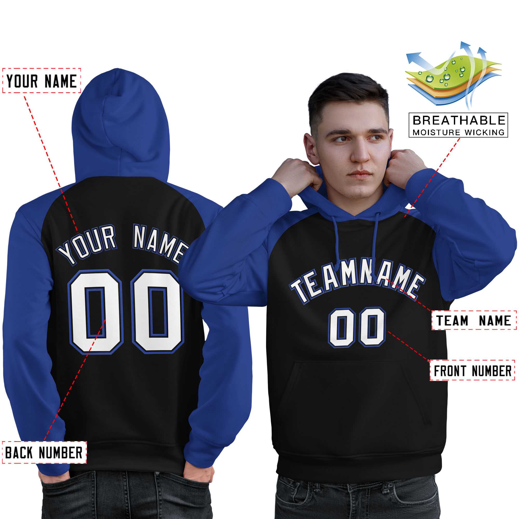 Custom Stitched Black Royal-White Raglan Sleeves Sports Pullover Sweatshirt Hoodie For Men