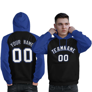 Custom Stitched Black Royal-White Raglan Sleeves Sports Pullover Sweatshirt Hoodie For Men