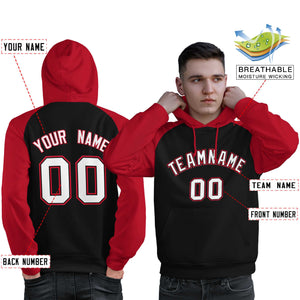 Custom Stitched Black Red-White Raglan Sleeves Sports Pullover Sweatshirt Hoodie For Men