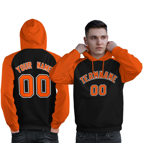 Custom Stitched Black Orange Raglan Sleeves Sports Pullover Sweatshirt Hoodie For Men