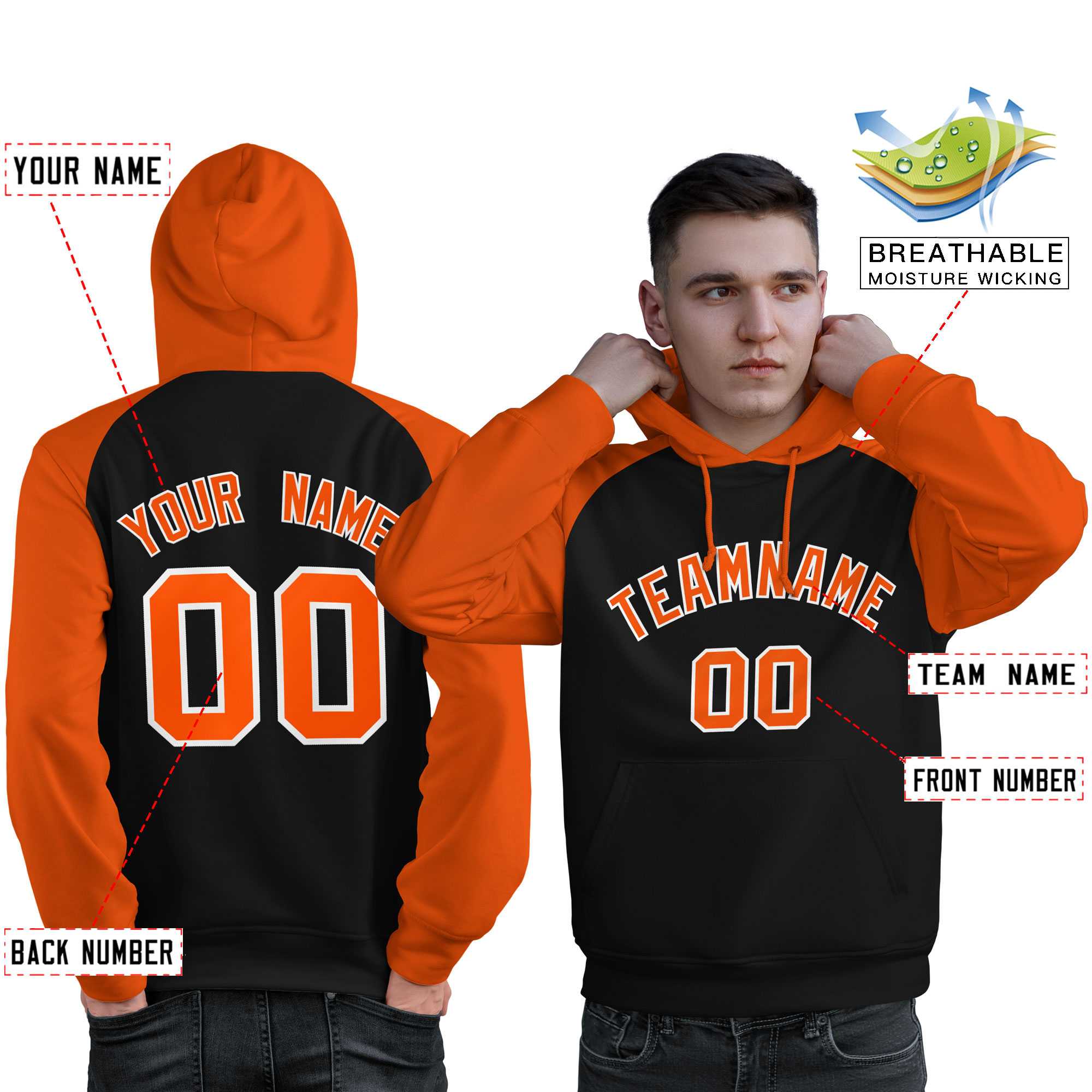 Custom Stitched Black Orange Raglan Sleeves Sports Pullover Sweatshirt Hoodie For Men