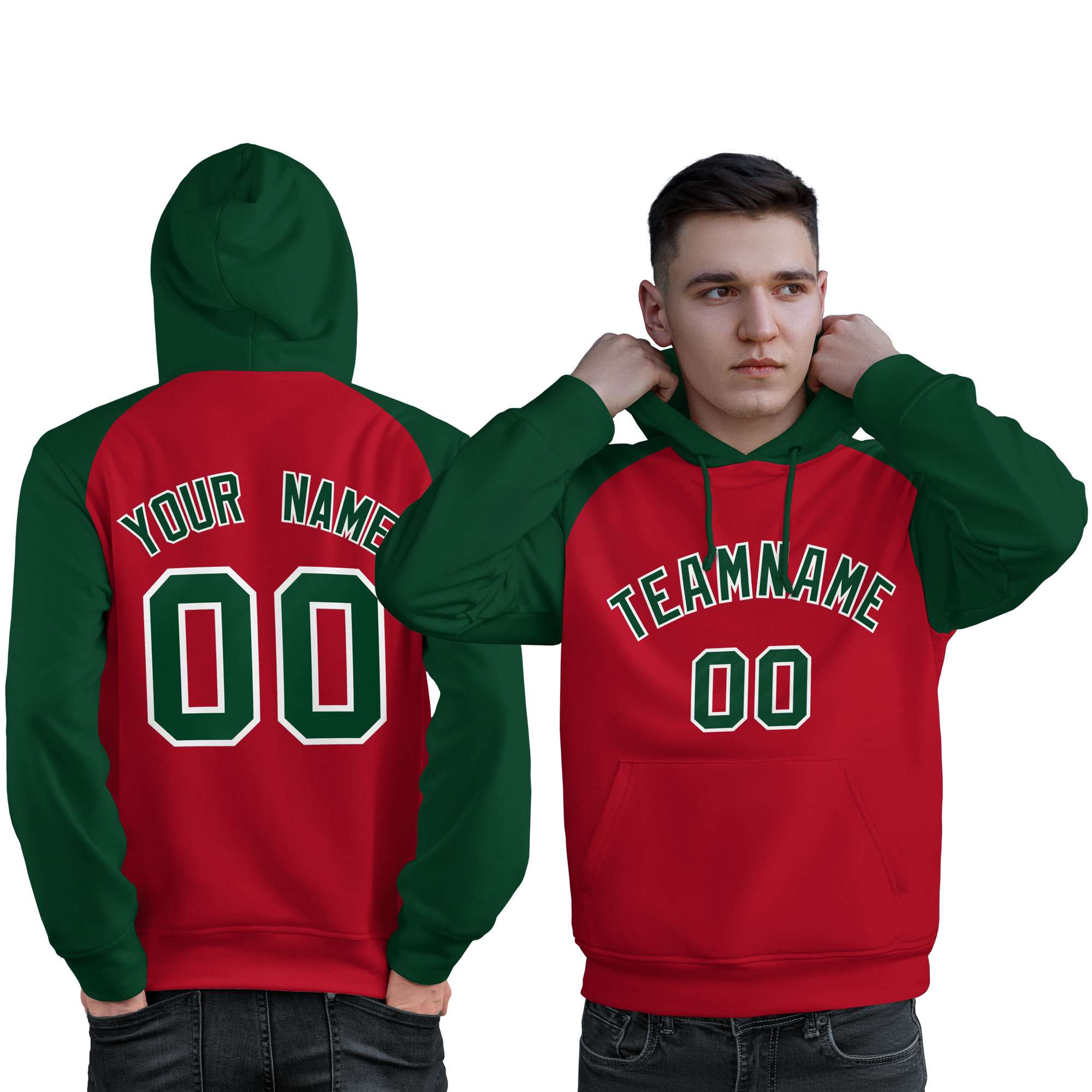 Custom Stitched Red Green Raglan Sleeves Sports Pullover Sweatshirt Hoodie For Men