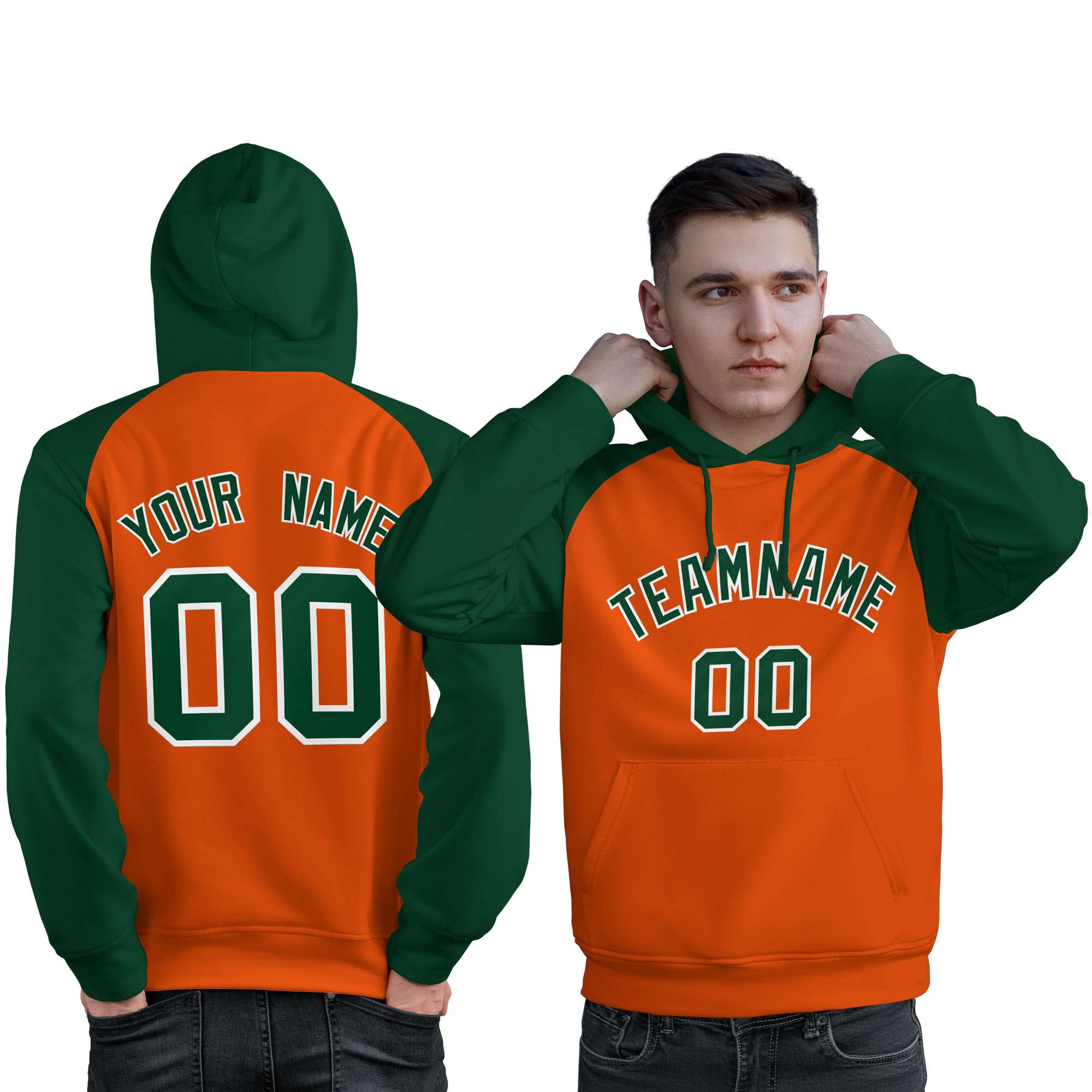 Custom Stitched Orange Green Raglan Sleeves Sports Pullover Sweatshirt Hoodie For Men