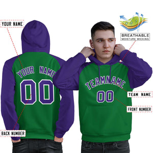 Custom Stitched Kelly Green Purple Raglan Sleeves Sports Pullover Sweatshirt Hoodie For Men