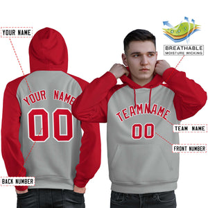 Custom Stitched Gray Red Raglan Sleeves Sports Pullover Sweatshirt Hoodie For Men