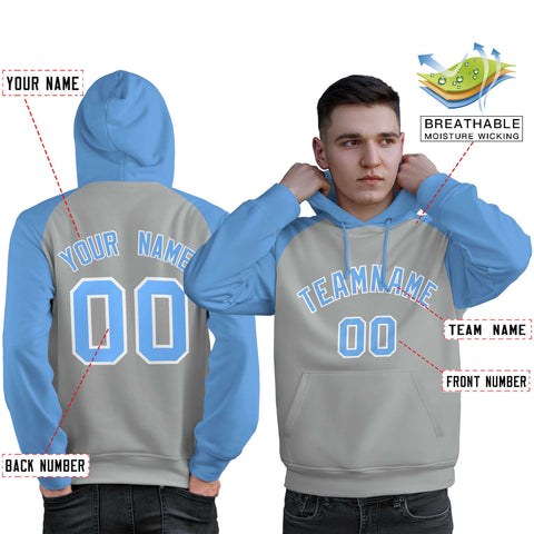 Custom Stitched Gray Powder Blue Raglan Sleeves Sports Pullover Sweatshirt Hoodie For Men