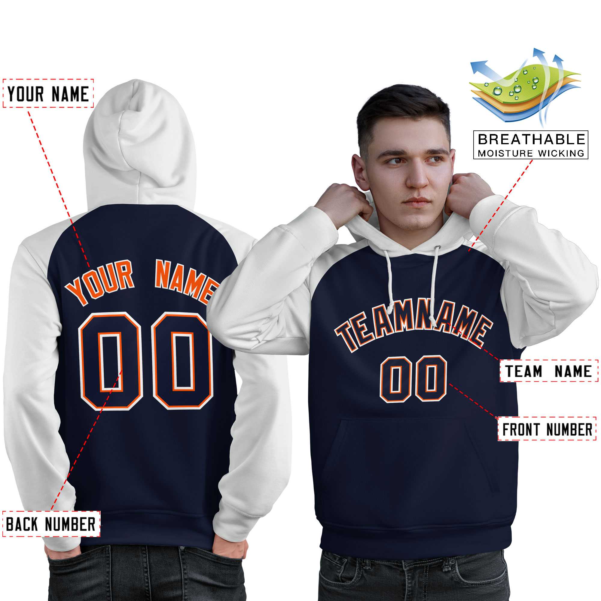 Custom Stitched Navy White Raglan Sleeves Sports Pullover Sweatshirt Hoodie For Men