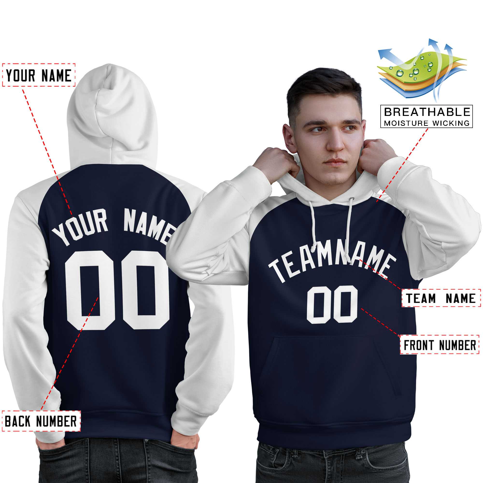 Custom Stitched Navy White Raglan Sleeves Sports Pullover Sweatshirt Hoodie For Men