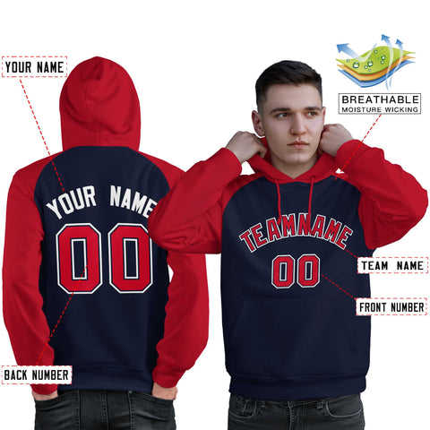 Custom Stitched Navy Red Raglan Sleeves Sports Pullover Sweatshirt Hoodie For Men