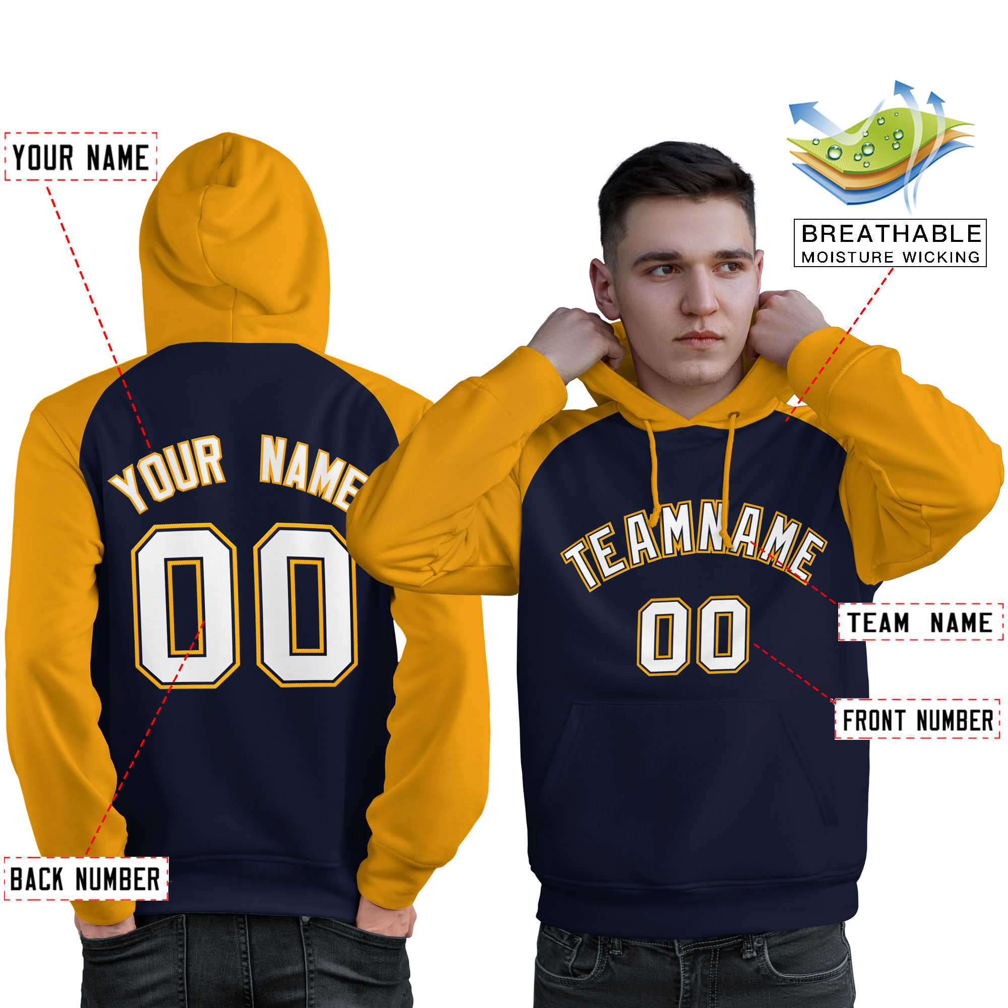 Custom Stitched Navy Gold-White Raglan Sleeves Sports Pullover Sweatshirt Hoodie For Men