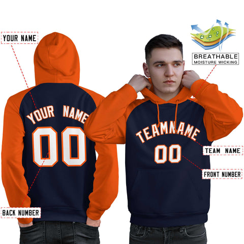 Custom Stitched Navy Orange-White Raglan Sleeves Sports Pullover Sweatshirt Hoodie For Men