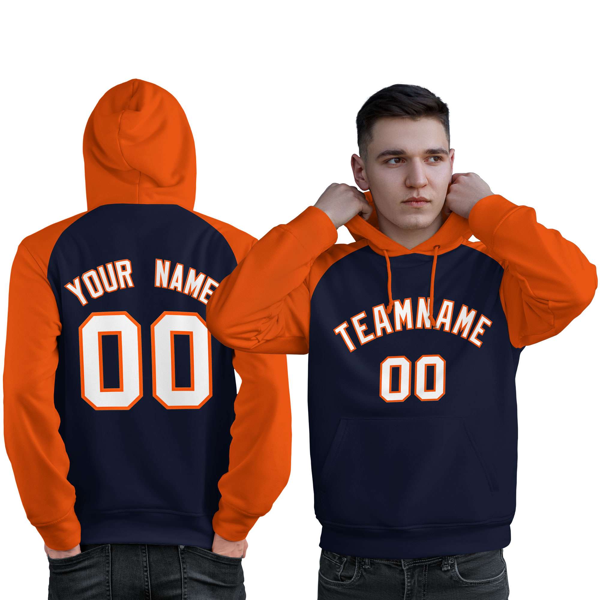 Custom Stitched Navy Orange-White Raglan Sleeves Sports Pullover Sweatshirt Hoodie For Men