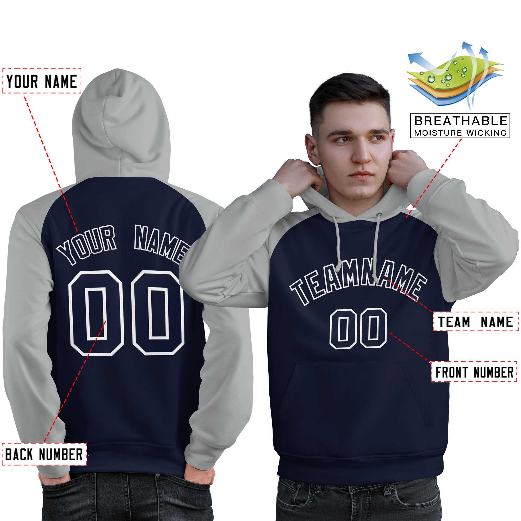 Custom Stitched Navy Gray Raglan Sleeves Sports Pullover Sweatshirt Hoodie For Men