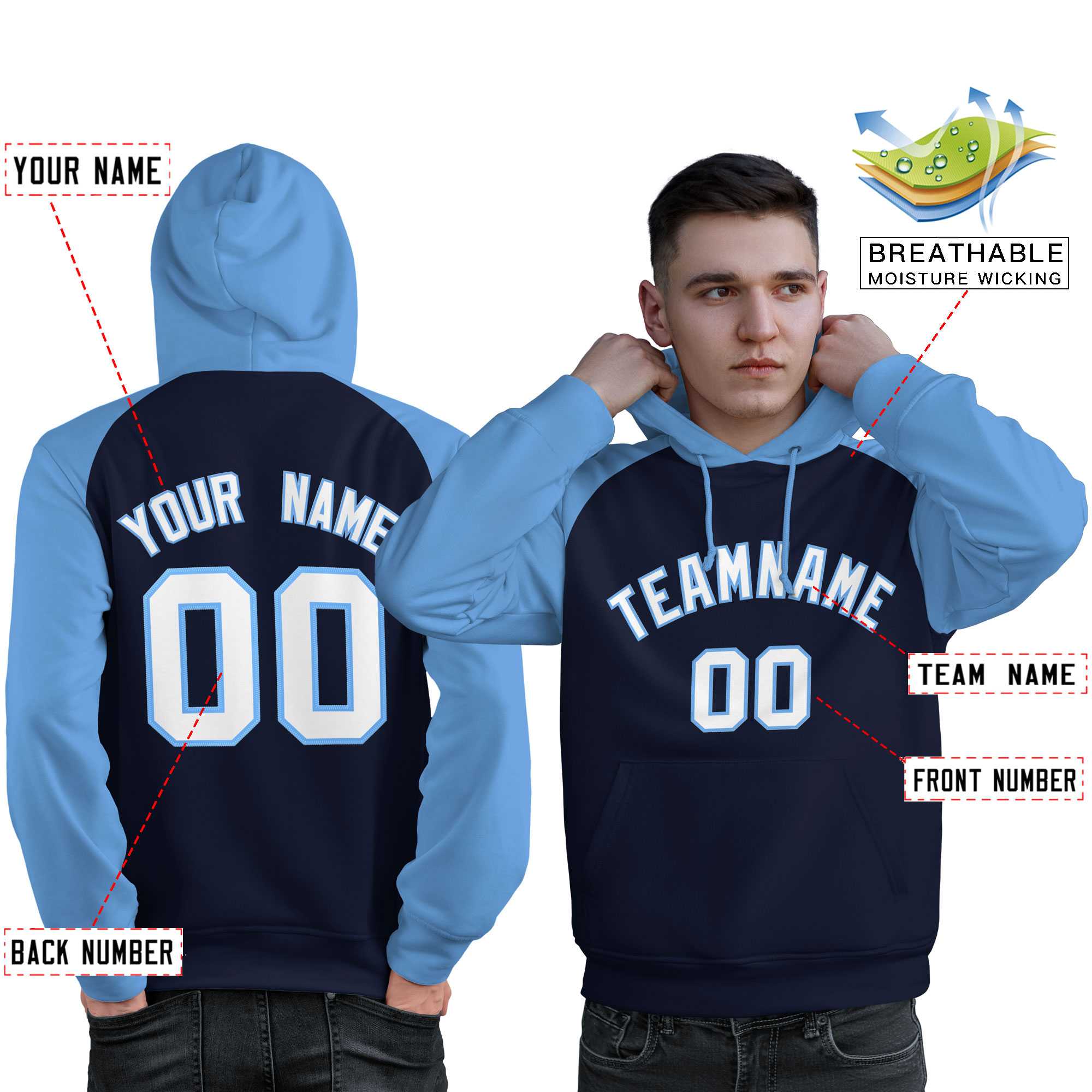 Custom Stitched Navy Powder Blue-White Raglan Sleeves Sports Pullover Sweatshirt Hoodie For Men