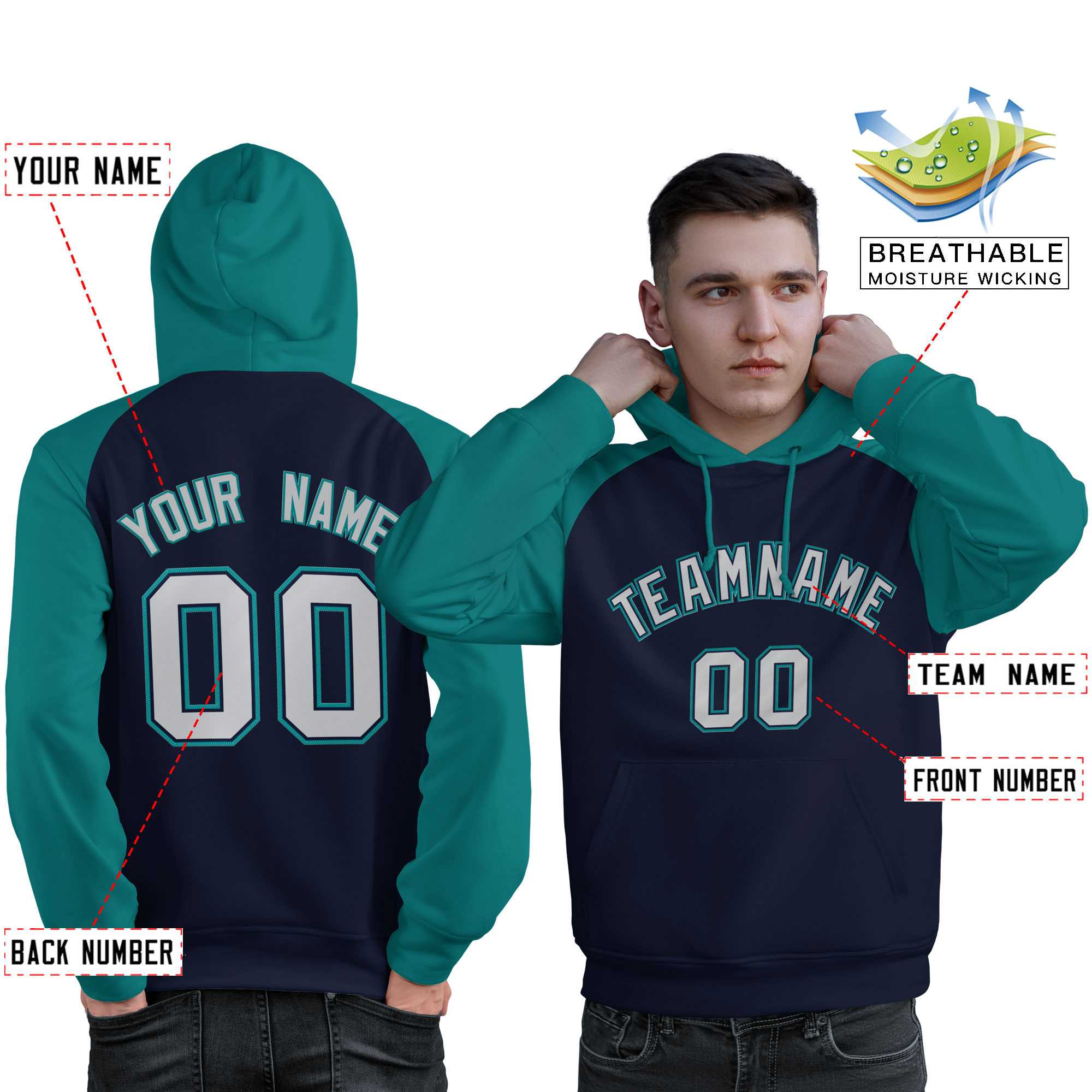 Custom Stitched Navy Aqua-Gray Raglan Sleeves Sports Pullover Sweatshirt Hoodie For Men