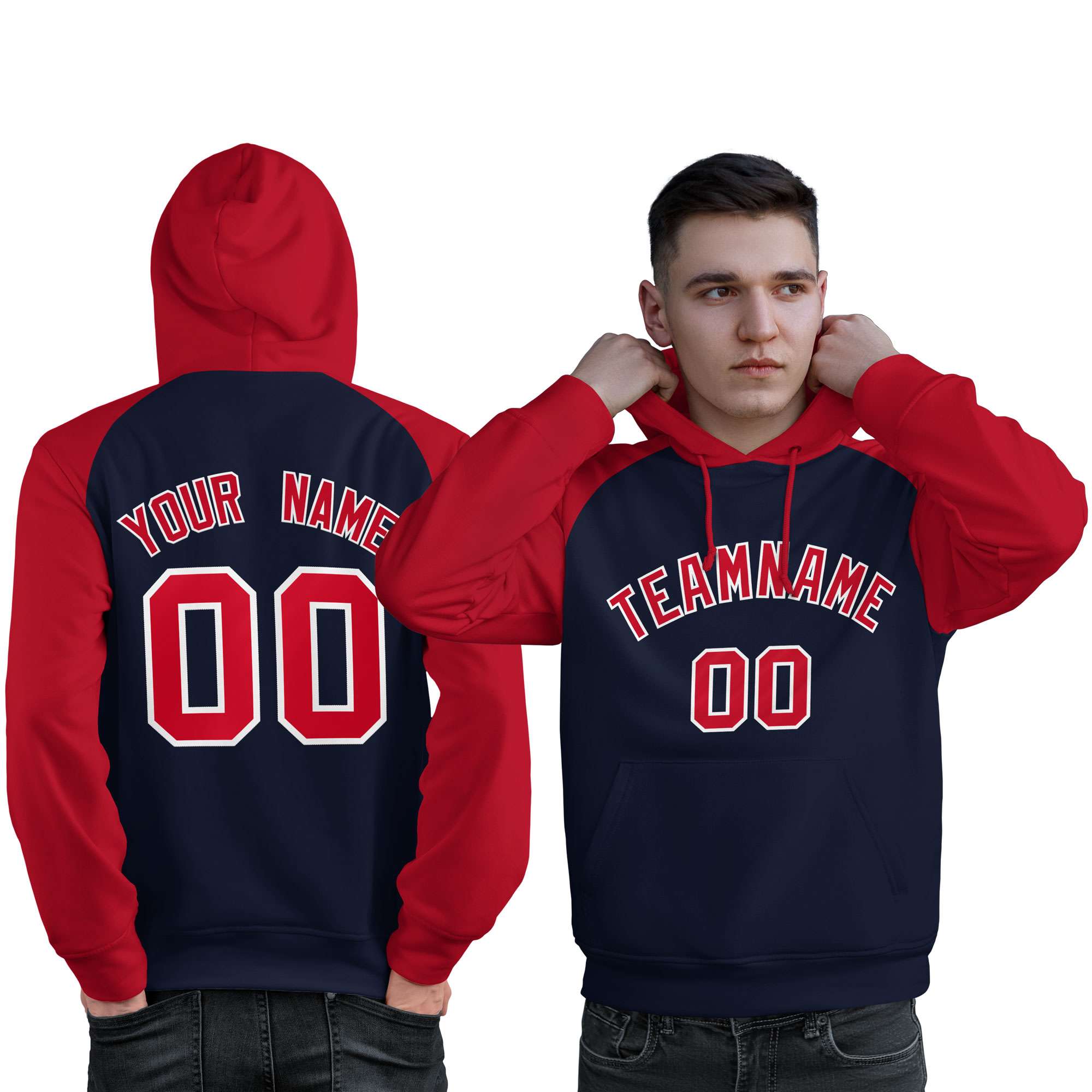 Custom Stitched Navy Red Raglan Sleeves Sports Pullover Sweatshirt Hoodie For Men