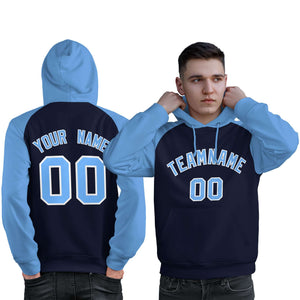 Custom Stitched Navy Powder Blue Raglan Sleeves Sports Pullover Sweatshirt Hoodie For Men