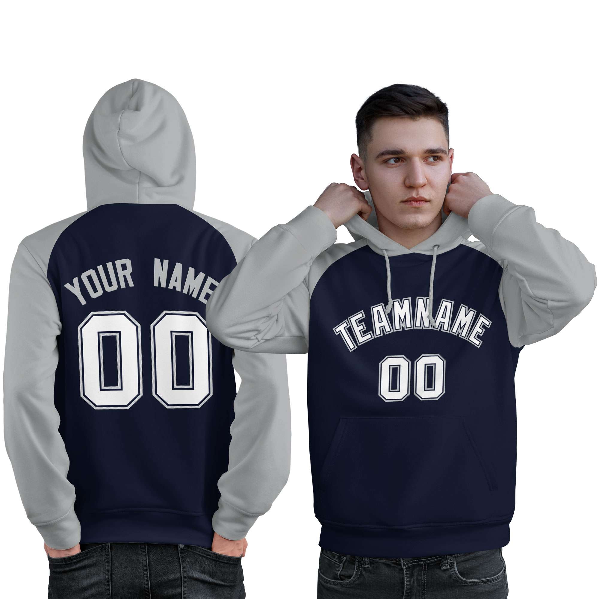 Custom Stitched Navy Gray-White Raglan Sleeves Sports Pullover Sweatshirt Hoodie For Men