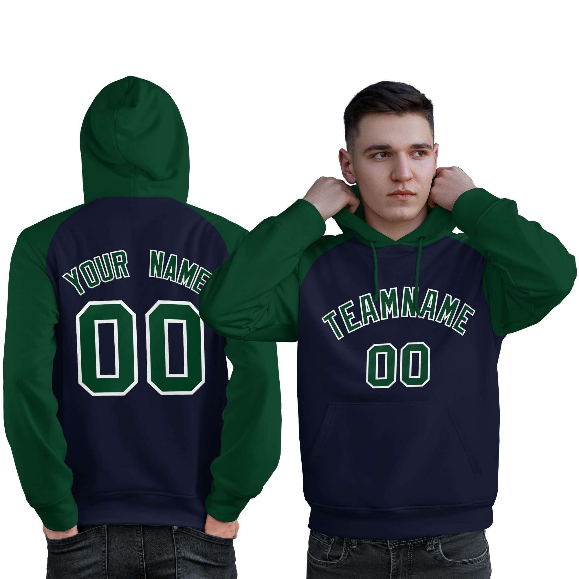 Custom Stitched Navy Green Raglan Sleeves Sports Pullover Sweatshirt Hoodie For Men