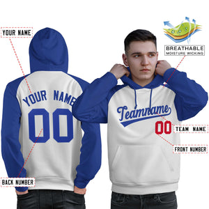 Custom Stitched White Royal Raglan Sleeves Sports Pullover Sweatshirt Hoodie For Men