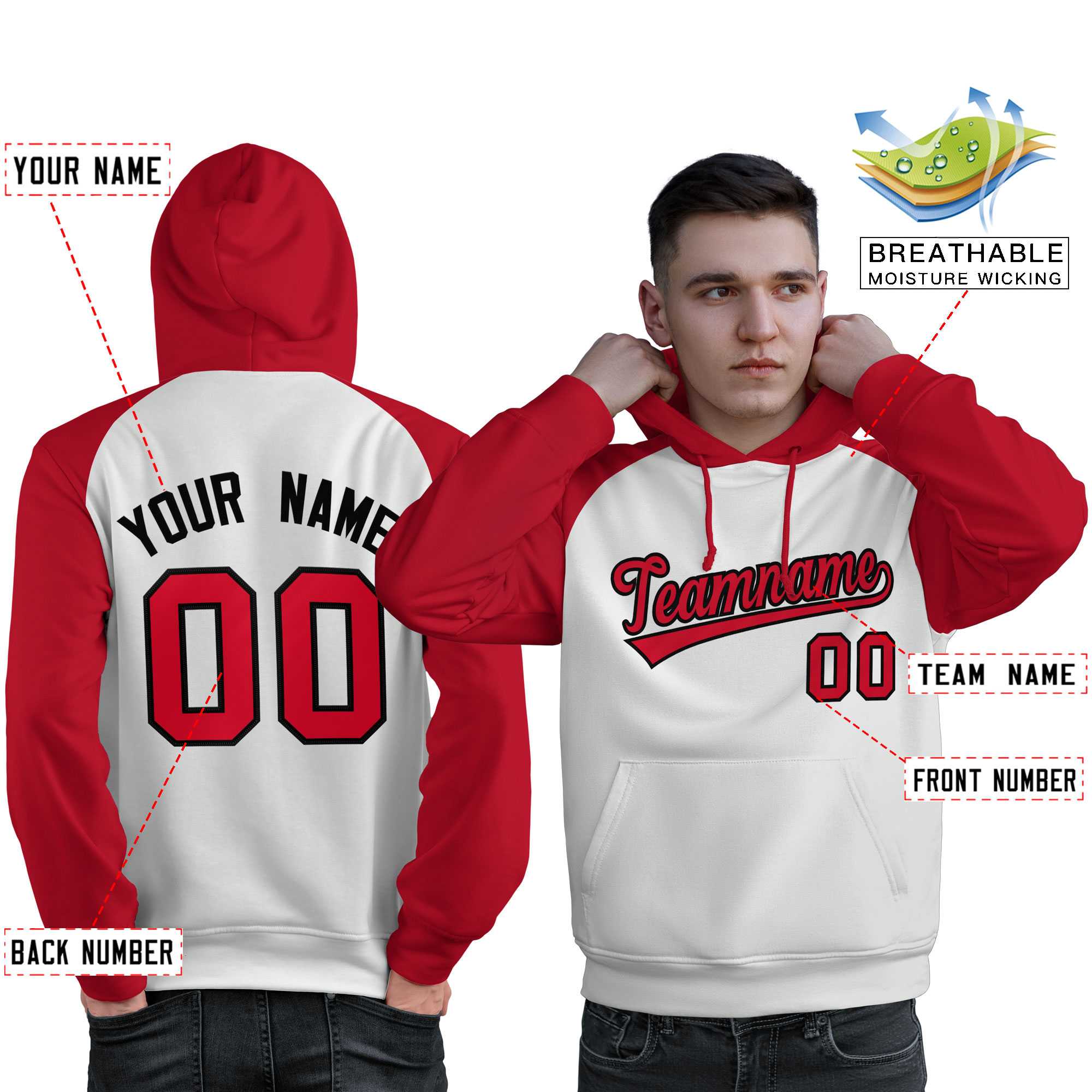 Custom Stitched White Red Raglan Sleeves Sports Pullover Sweatshirt Hoodie For Men