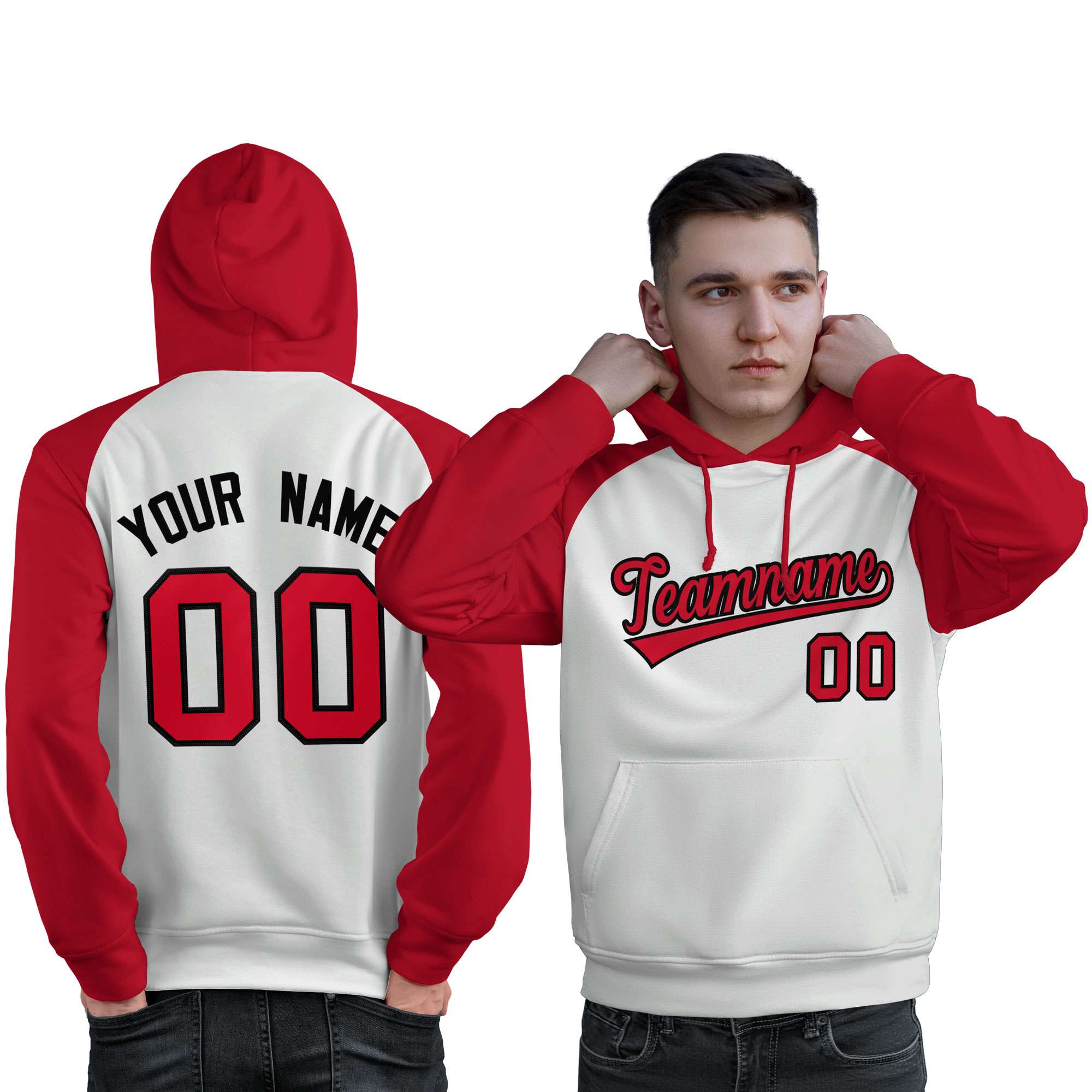 Custom Stitched White Red Raglan Sleeves Sports Pullover Sweatshirt Hoodie For Men