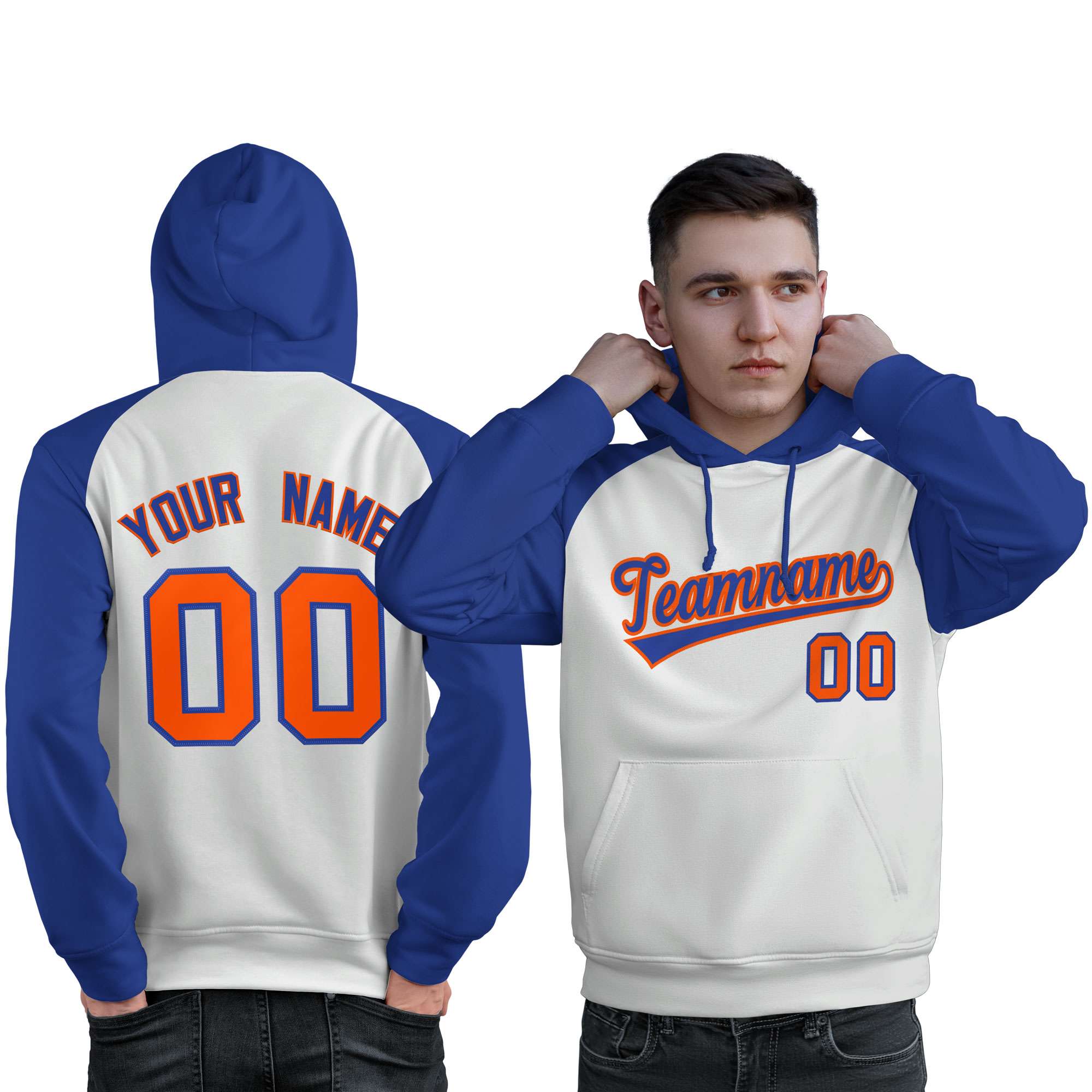 Custom Stitched White Royal Raglan Sleeves Sports Pullover Sweatshirt Hoodie For Men