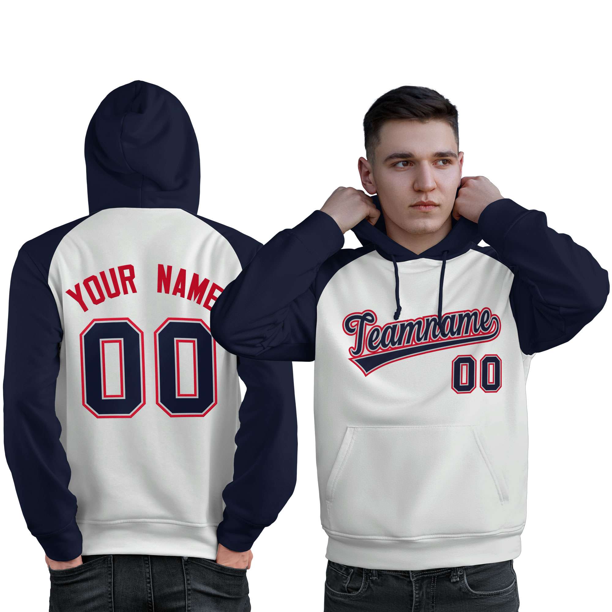 Custom Stitched White Navy Raglan Sleeves Sports Pullover Sweatshirt Hoodie For Men