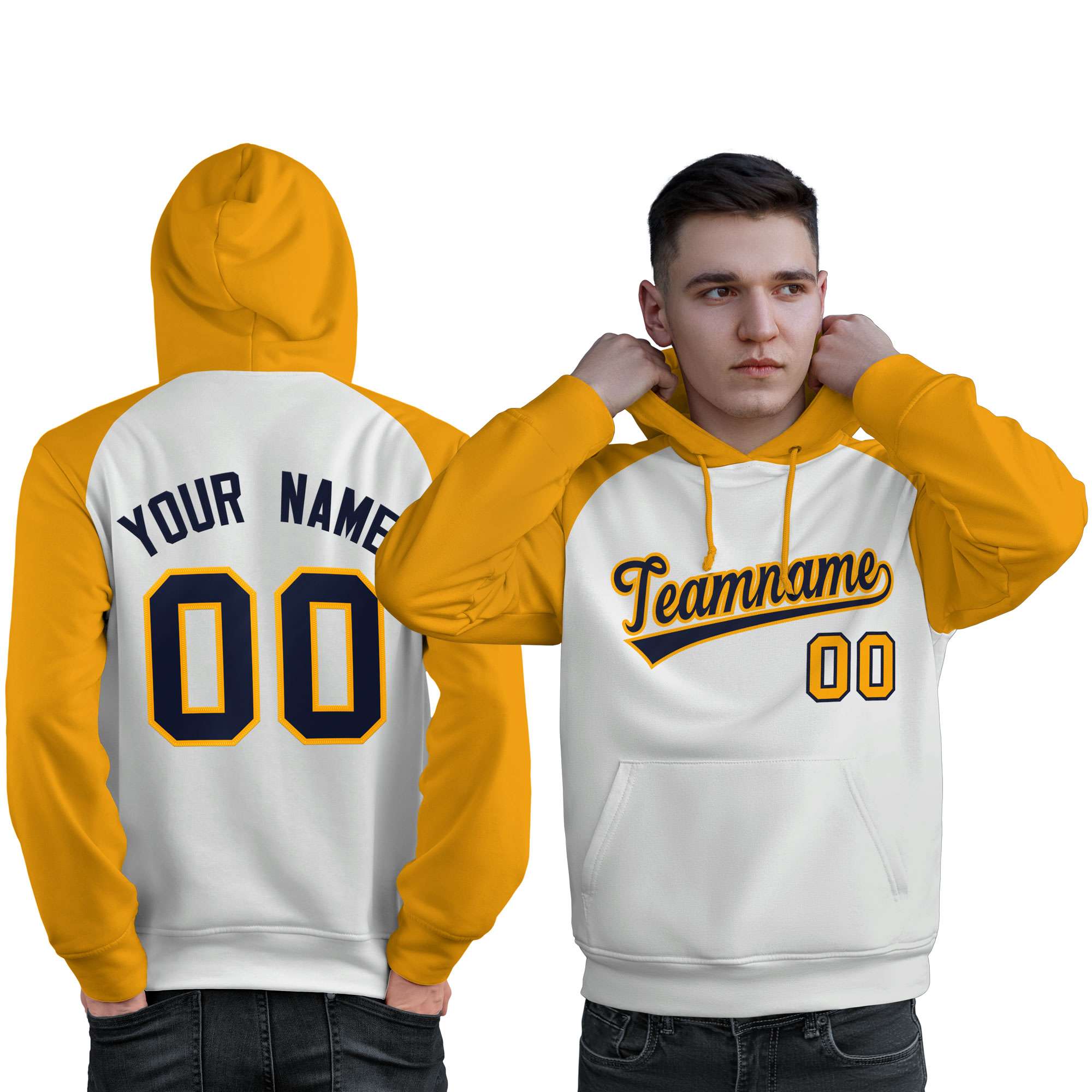 Custom Stitched White Gold-Navy Raglan Sleeves Sports Pullover Sweatshirt Hoodie For Men