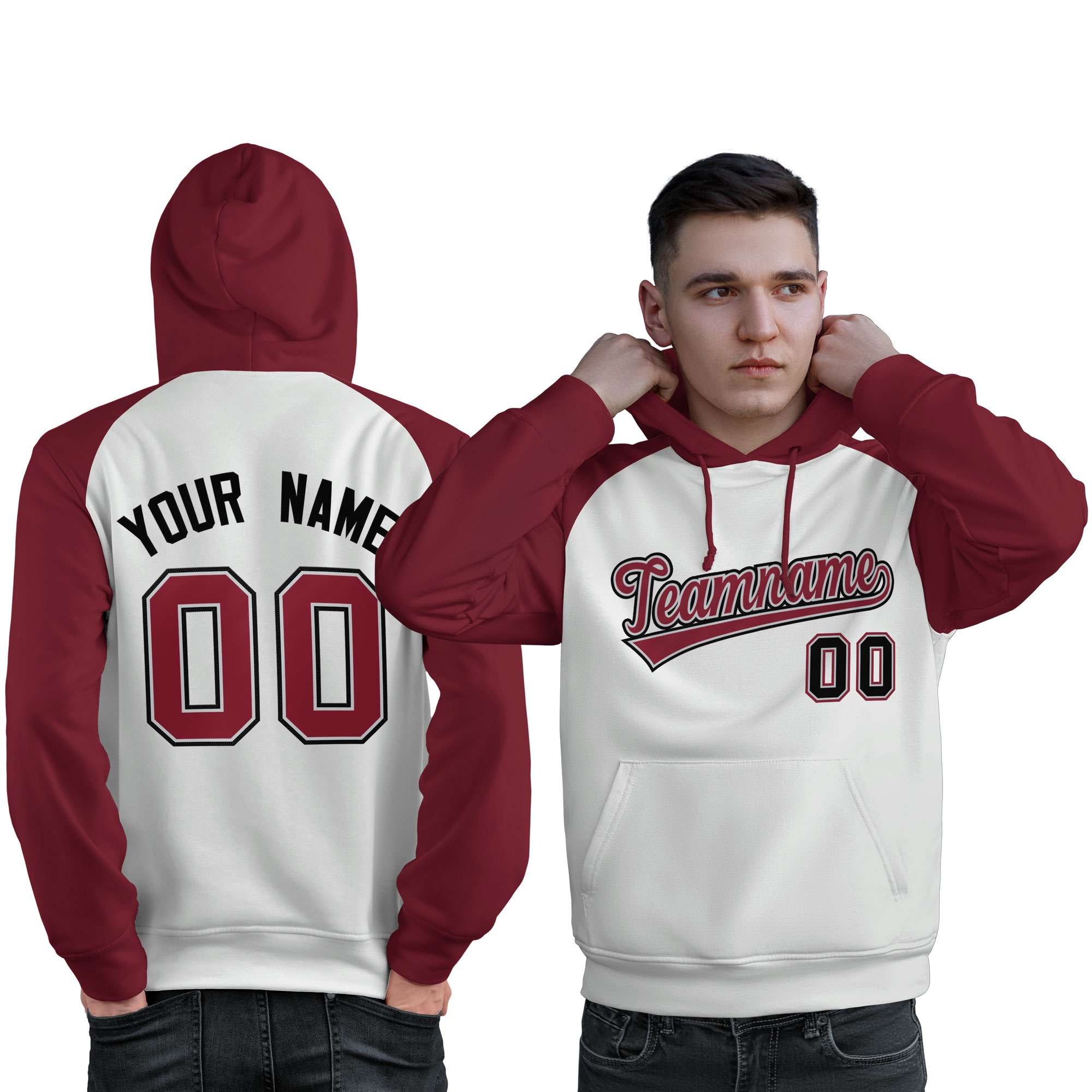 Custom Stitched White Crimson Raglan Sleeves Sports Pullover Sweatshirt Hoodie For Men