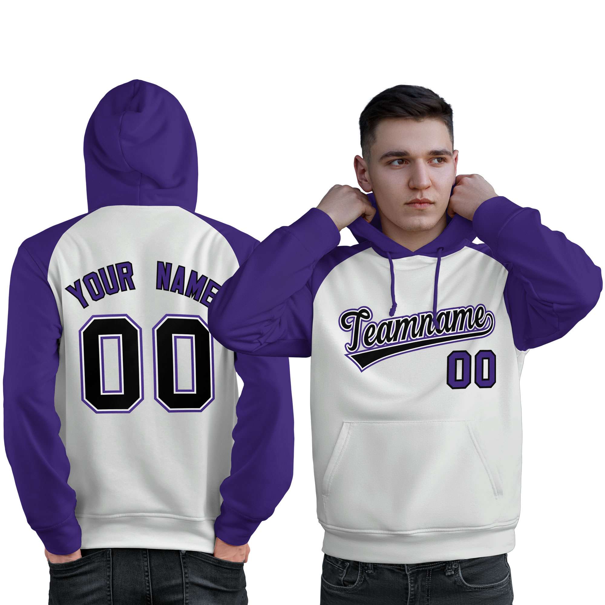 Custom Stitched White Purple-Black Raglan Sleeves Sports Pullover Sweatshirt Hoodie For Men