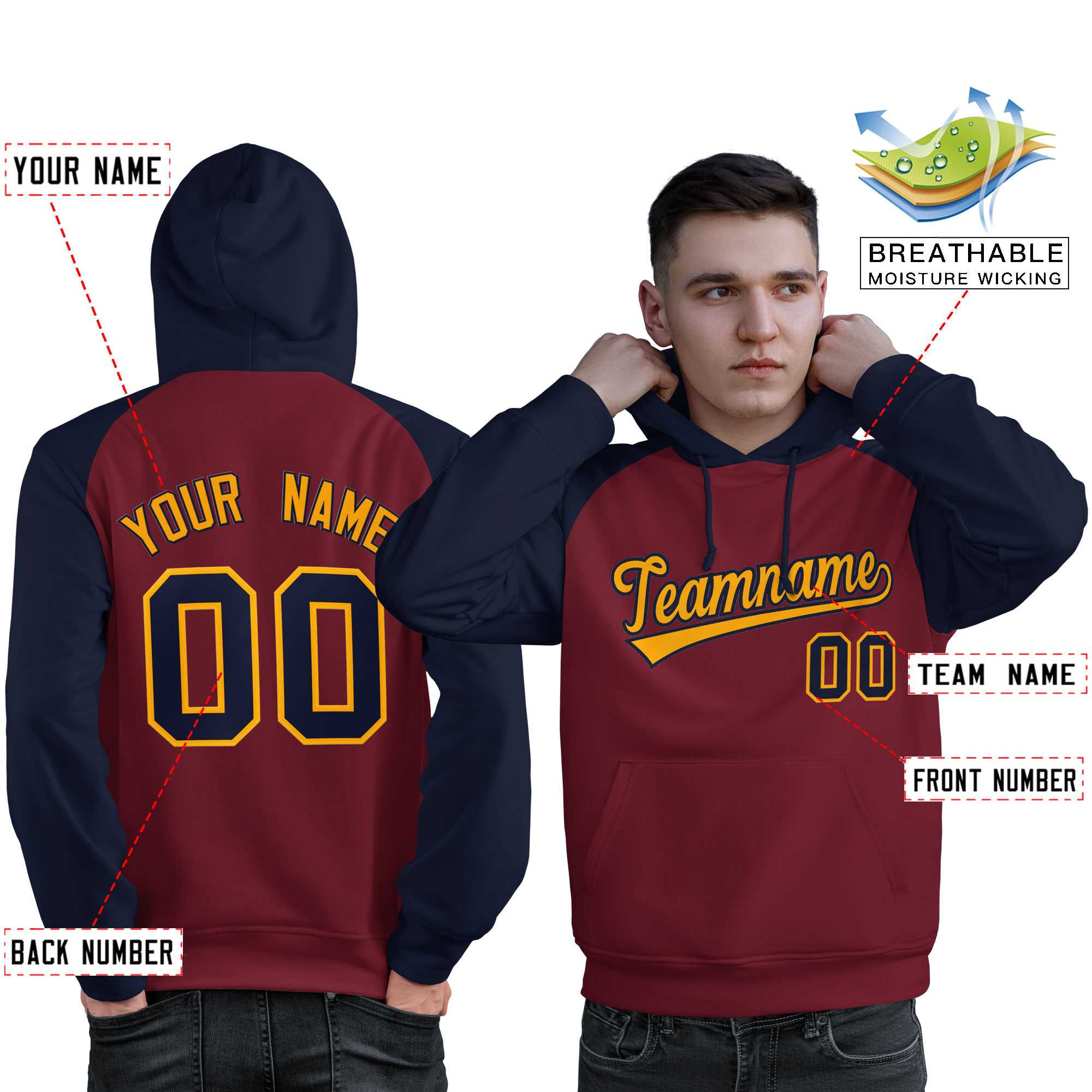 Custom Stitched Crimson Navy-Gold Raglan Sleeves Sports Pullover Sweatshirt Hoodie For Men