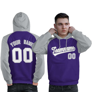 Custom Stitched Purple Gray-White Raglan Sleeves Sports Pullover Sweatshirt Hoodie For Men