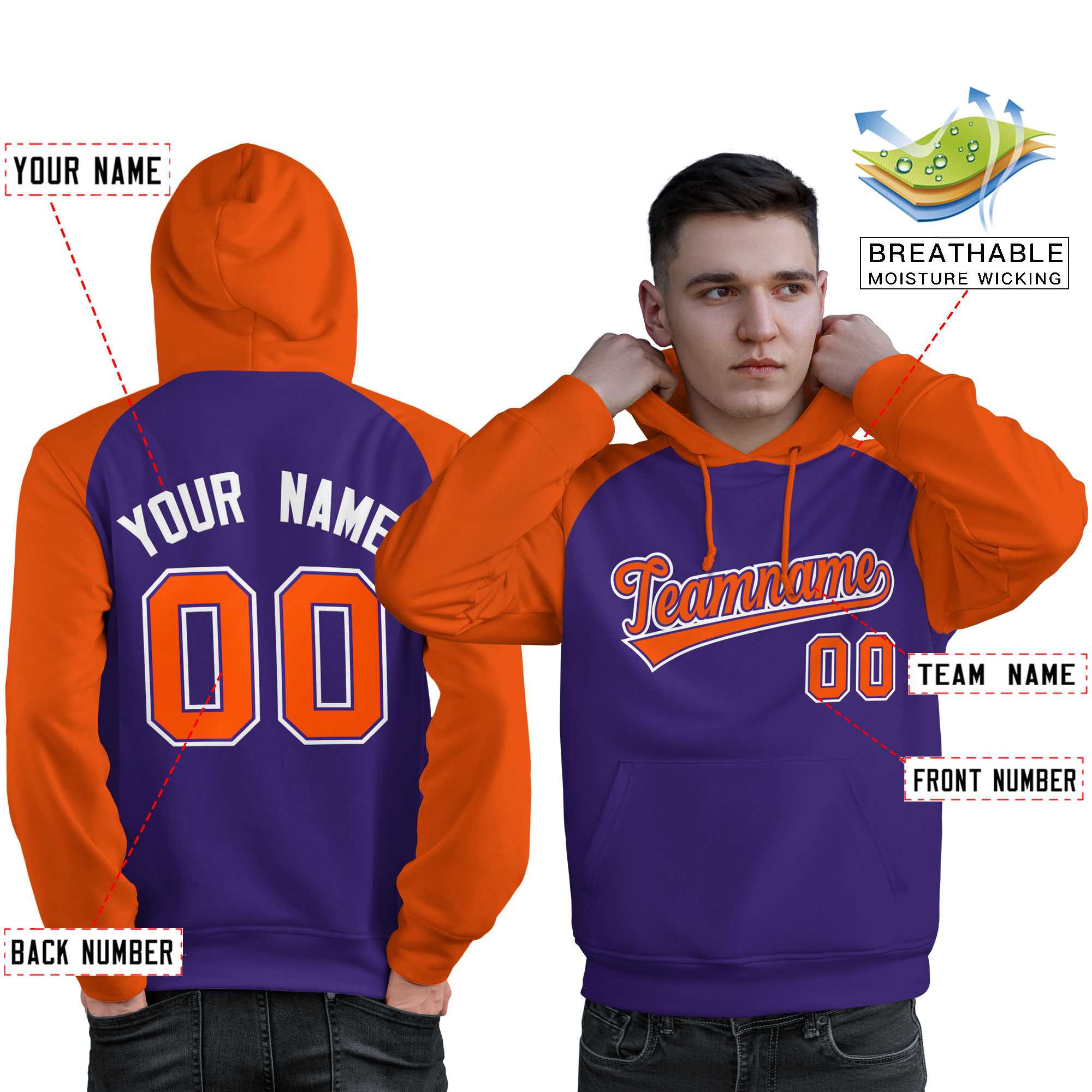 Custom Stitched Purple Orange Raglan Sleeves Sports Pullover Sweatshirt Hoodie For Men