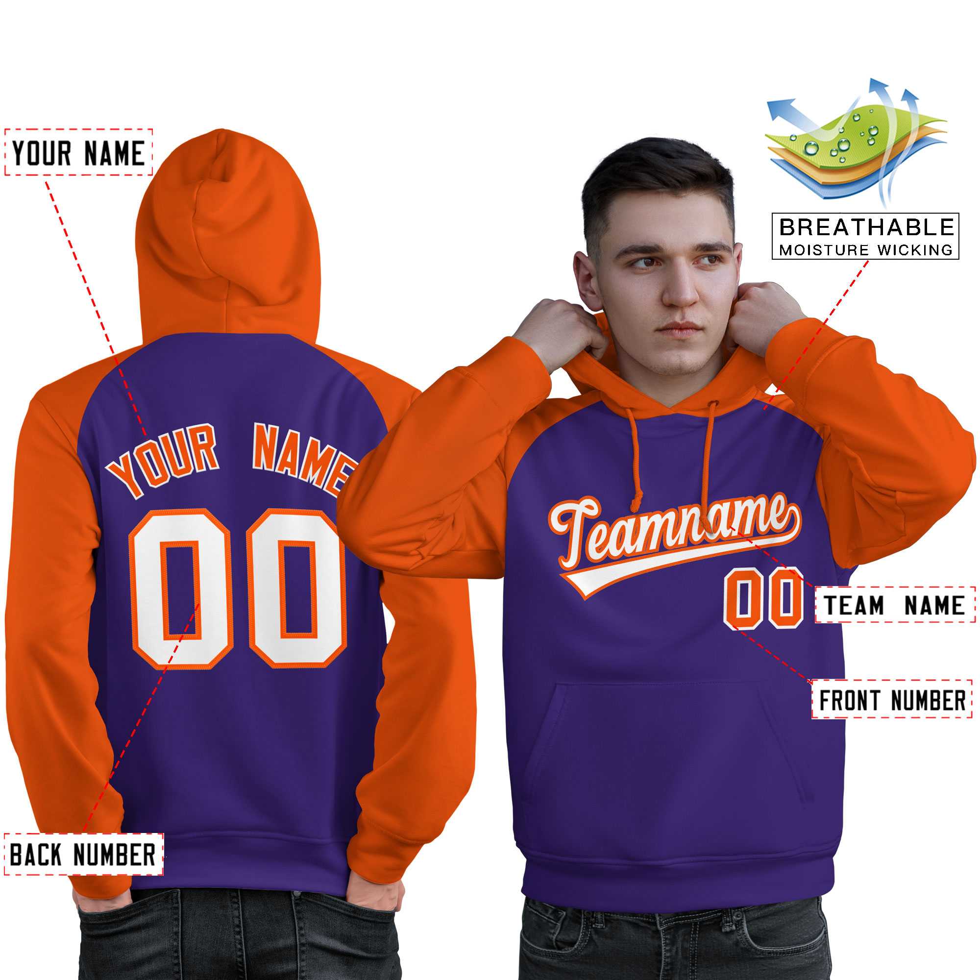 Custom Stitched Purple Orange-White Raglan Sleeves Sports Pullover Sweatshirt Hoodie For Men