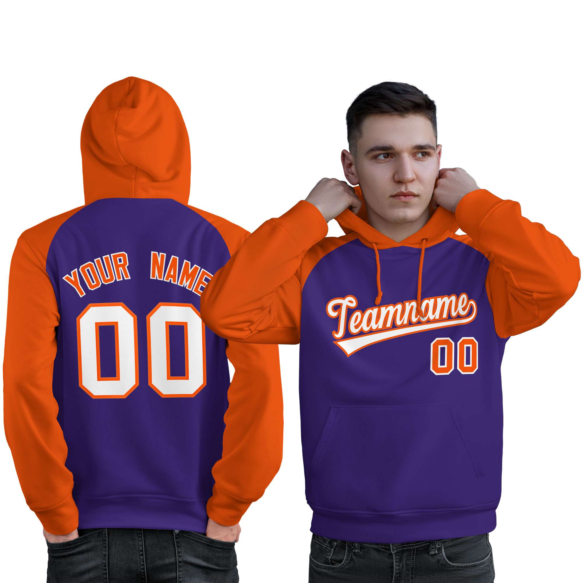 Custom Stitched Purple Orange-White Raglan Sleeves Sports Pullover Sweatshirt Hoodie For Men