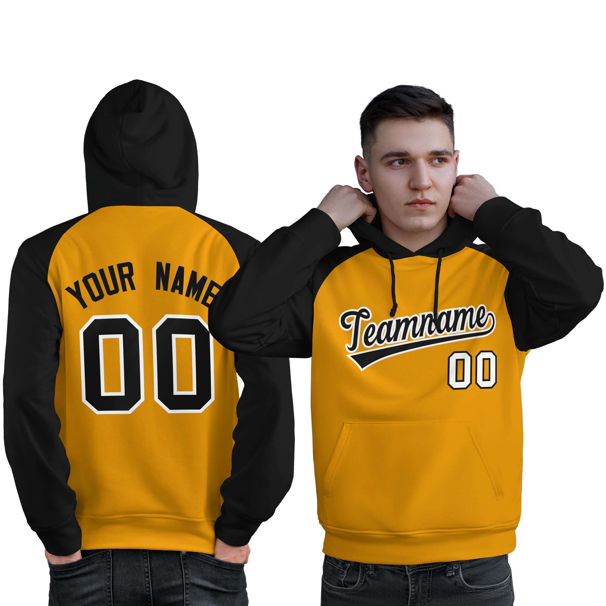 Custom Stitched Gold Black Raglan Sleeves Sports Pullover Sweatshirt Hoodie For Men