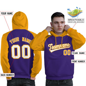 Custom Stitched Purple Gold-White Raglan Sleeves Sports Pullover Sweatshirt Hoodie For Men