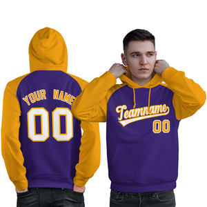 Custom Stitched Purple Gold-White Raglan Sleeves Sports Pullover Sweatshirt Hoodie For Men