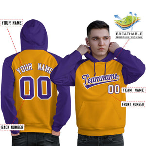 Custom Stitched Gold Purple Raglan Sleeves Sports Pullover Sweatshirt Hoodie For Men