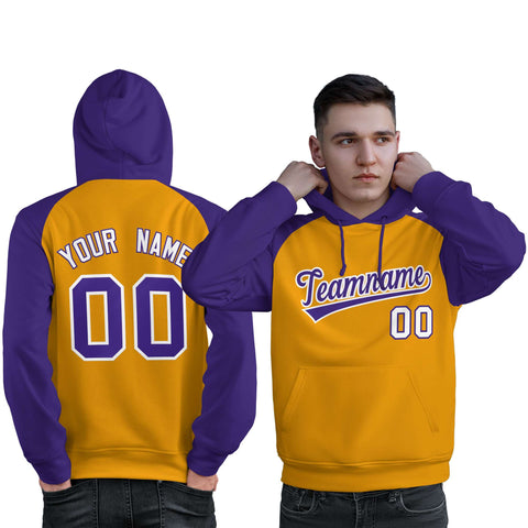 Custom Stitched Gold Purple Raglan Sleeves Sports Pullover Sweatshirt Hoodie For Men