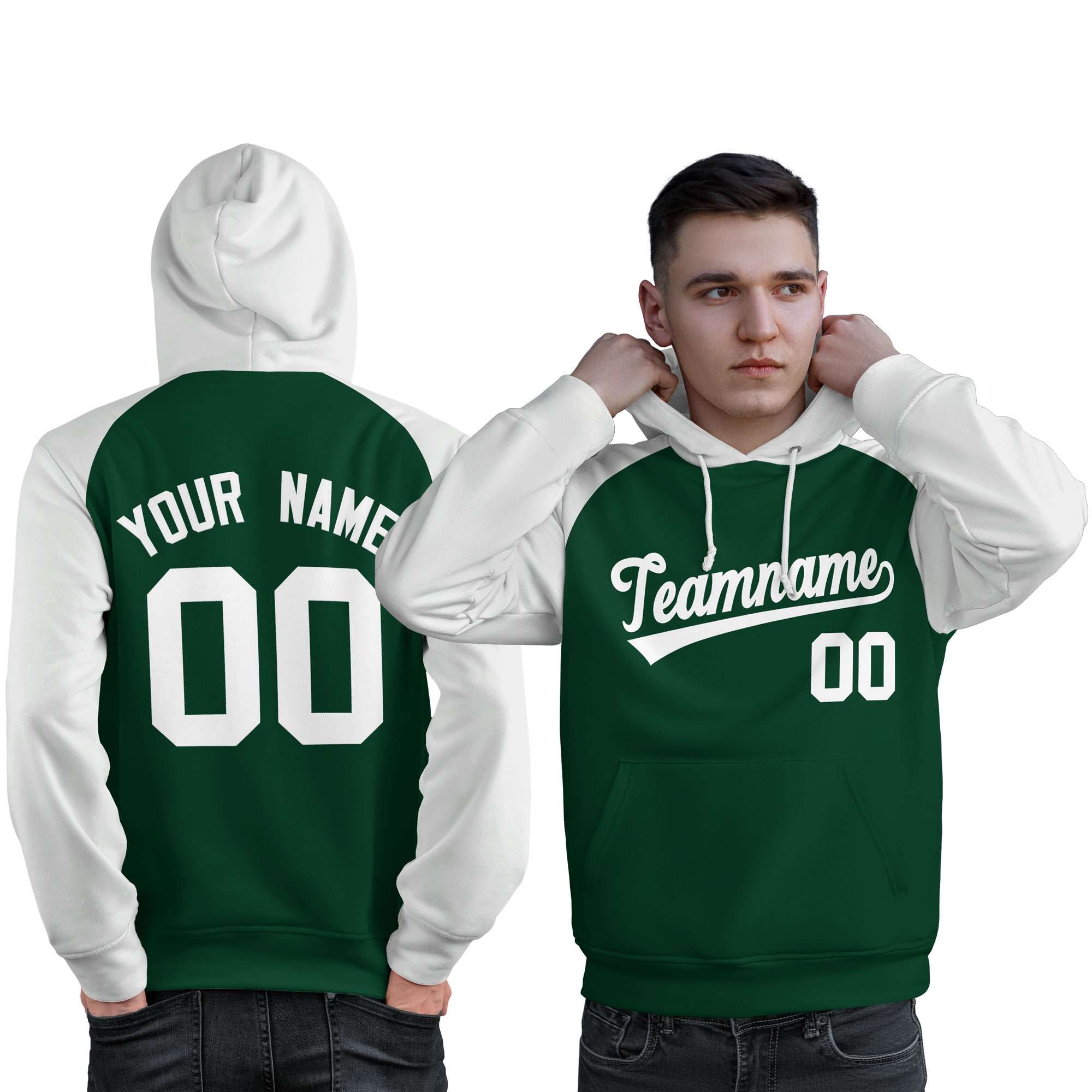 Custom Stitched Green White Raglan Sleeves Sports Pullover Sweatshirt Hoodie For Men