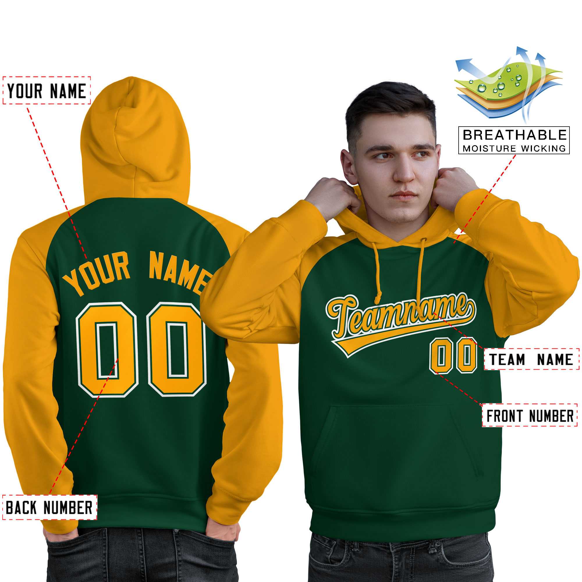 Custom Stitched Green Gold Raglan Sleeves Sports Pullover Sweatshirt Hoodie For Men