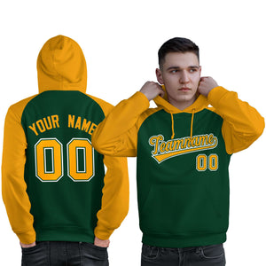 Custom Stitched Green Gold Raglan Sleeves Sports Pullover Sweatshirt Hoodie For Men