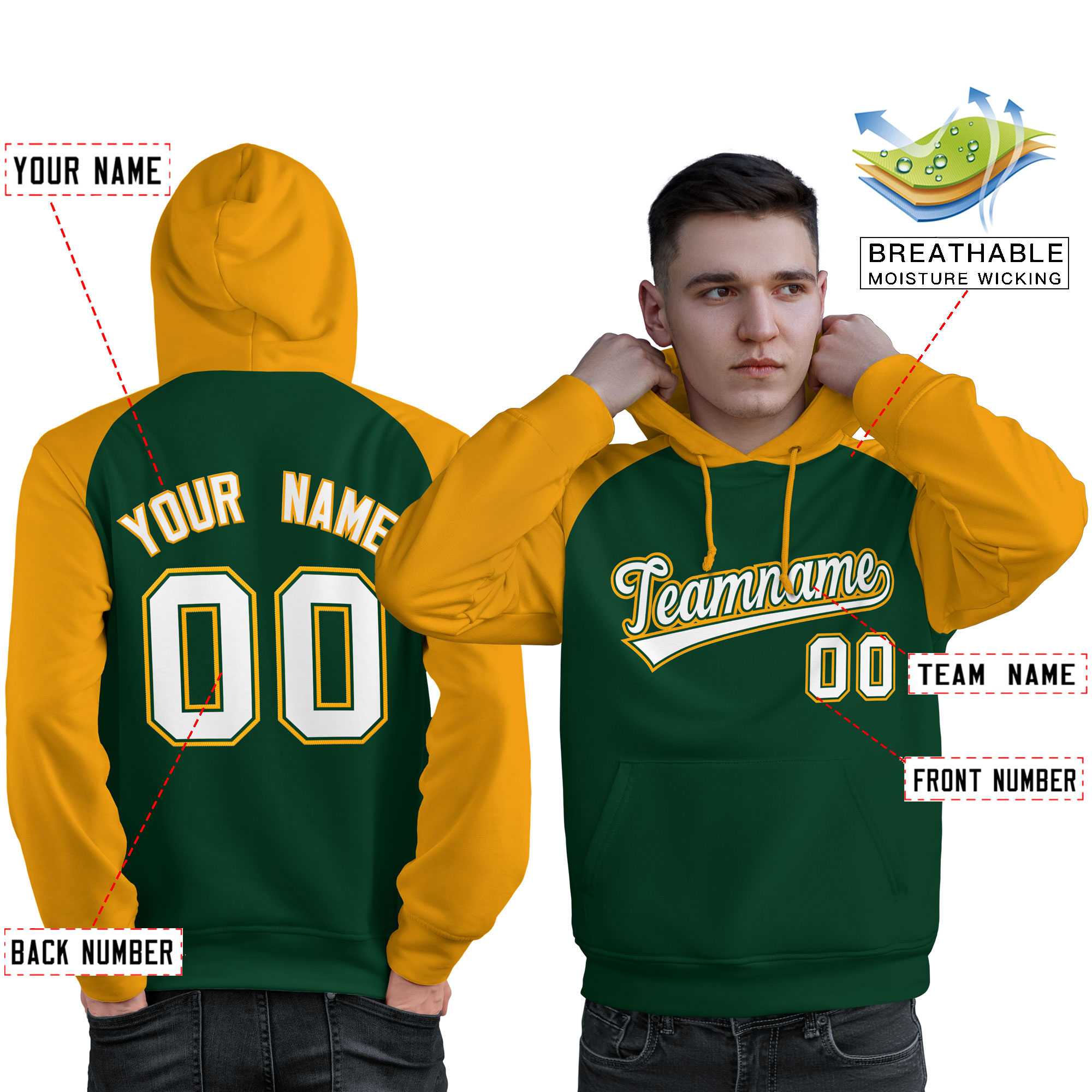 Custom Stitched Green Gold-White Raglan Sleeves Sports Pullover Sweatshirt Hoodie For Men